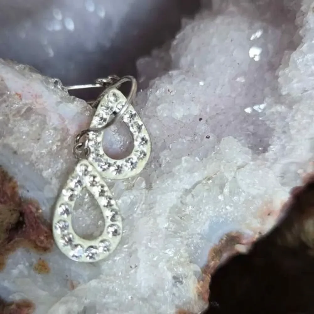 925 Sterling Silver Clear Rhinestone Open Teardrop Dangle Earrings